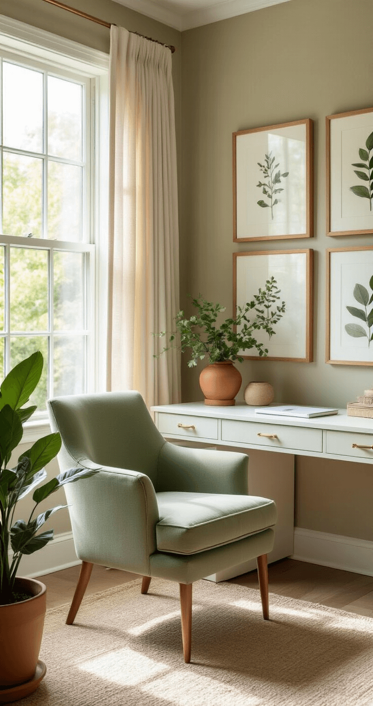 A serene home office with warm greige walls, a sage green accent chair by a large window, botanical prints in wooden frames, a white desk with brass hardware, a large indoor plant in a terracotta pot, and soft linen curtains, all bathed in natural light.