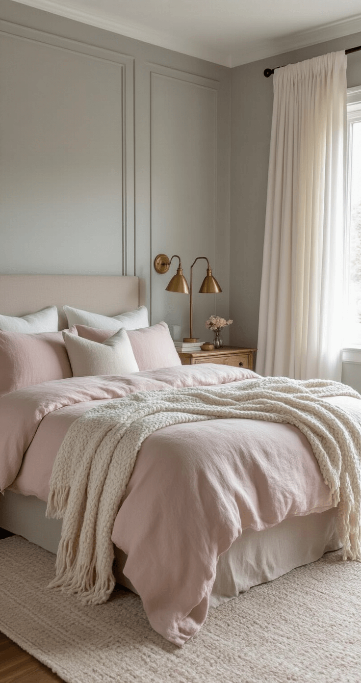 A luxurious master bedroom featuring soft grey walls, blush pink linen bedding, and natural wood accents, with a textured wool throw draped over the bed, filtered morning light through sheer white curtains, brass bedside lamps, and a vintage wooden dresser, showcasing a romantic and understated elegance.