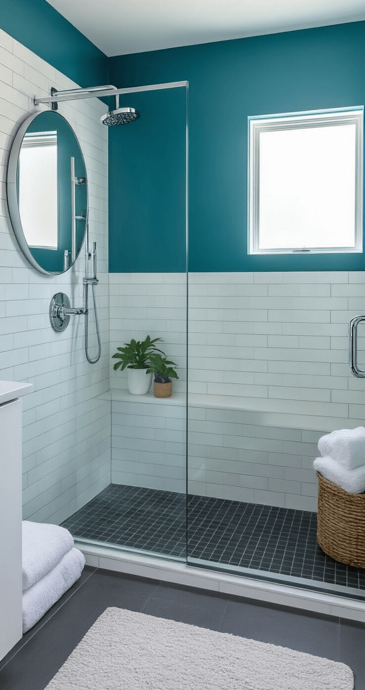 A spacious modern coastal-inspired bathroom with a teal blue accent wall, white subway tiles, and charcoal grey flooring. Features chrome fixtures, a round mirror, and a glass shower enclosure, illuminated by soft natural light from a frosted window. Textured white towels and a small potted plant enhance the organic elements, showcasing a harmonious color balance between teal and grey tones.