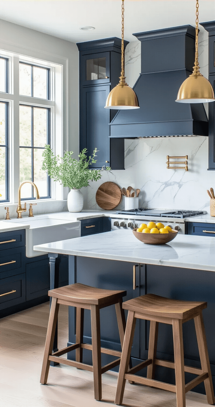 A contemporary kitchen featuring navy blue lower cabinets, white marble countertops, and a warm grey backsplash, accented with brushed gold hardware and pendant lights. Natural light floods the space through a large window, highlighting the harmonious balance of cool and warm tones, complemented by wooden bar stools and a bowl of fresh lemons.