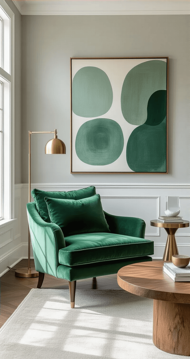 Eclectic living room with emerald green velvet accent chair, soft grey walls, white trim, large abstract artwork in green and grey, natural wood coffee table, and brass floor lamp, bathed in afternoon sunlight through tall windows, emphasizing the room's depth and design elements.