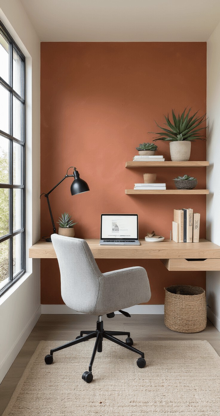 A minimalist home office featuring a terracotta accent wall, soft white walls, and a medium grey ergonomic chair. Natural light streams in from large windows, highlighting a warm earth-tone palette. A black metal desk lamp and floating wooden shelves add interest, while a potted succulent and design books enhance visual layers in this thoughtfully designed space.
