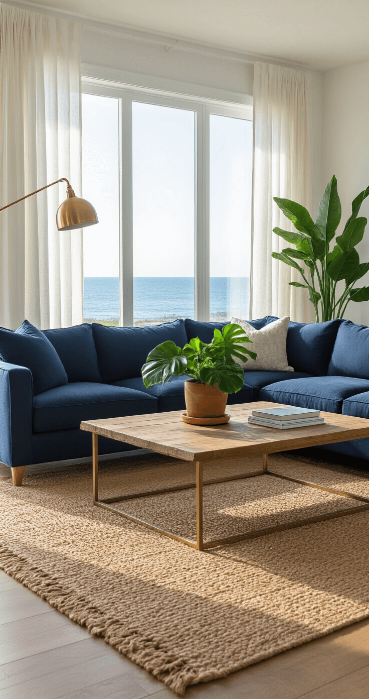 Ultra-realistic coastal living room featuring a navy blue sectional sofa, white walls, a honey oak coffee table, brass floor lamp, a large monstera plant, and sunlight streaming through sheer curtains, with a view of the ocean through a picture window.