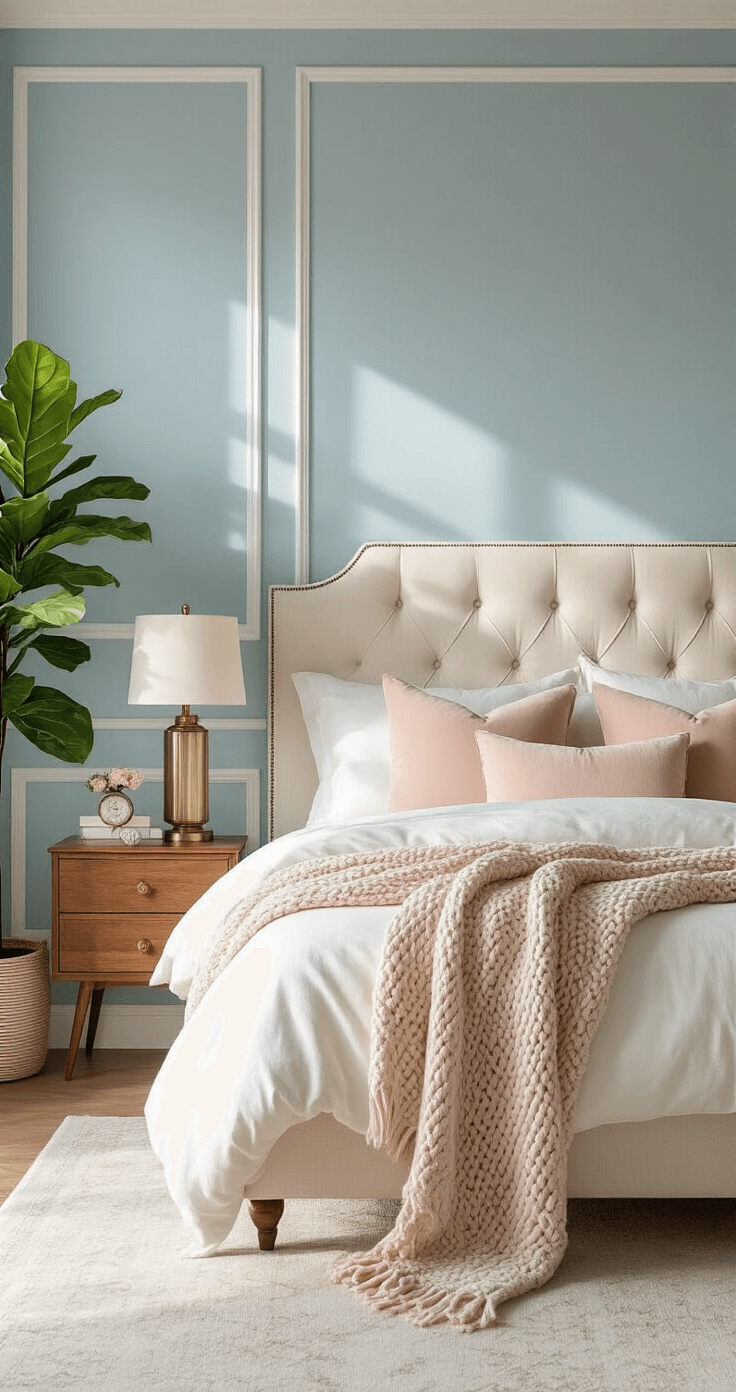 Sophisticated bedroom interior featuring a powder blue accent wall and white panel molding, with a cream linen upholstered headboard, warm walnut nightstands, blush pink velvet throw pillows, and a soft grey chunky knit throw blanket. A vintage brass table lamp adds warmth, while morning light casts soft shadows. A large fiddle leaf fig is positioned in the corner, enhancing the room's depth and layered textures.