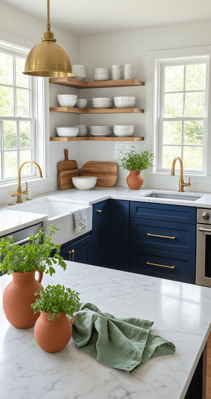 A modern kitchen featuring navy blue lower cabinets, white marble countertops, brass hardware, and open shelving with white dishes and wood cutting boards, adorned with terracotta vases of fresh herbs, large windows for natural light, sage green kitchen towels, and stainless steel appliances.