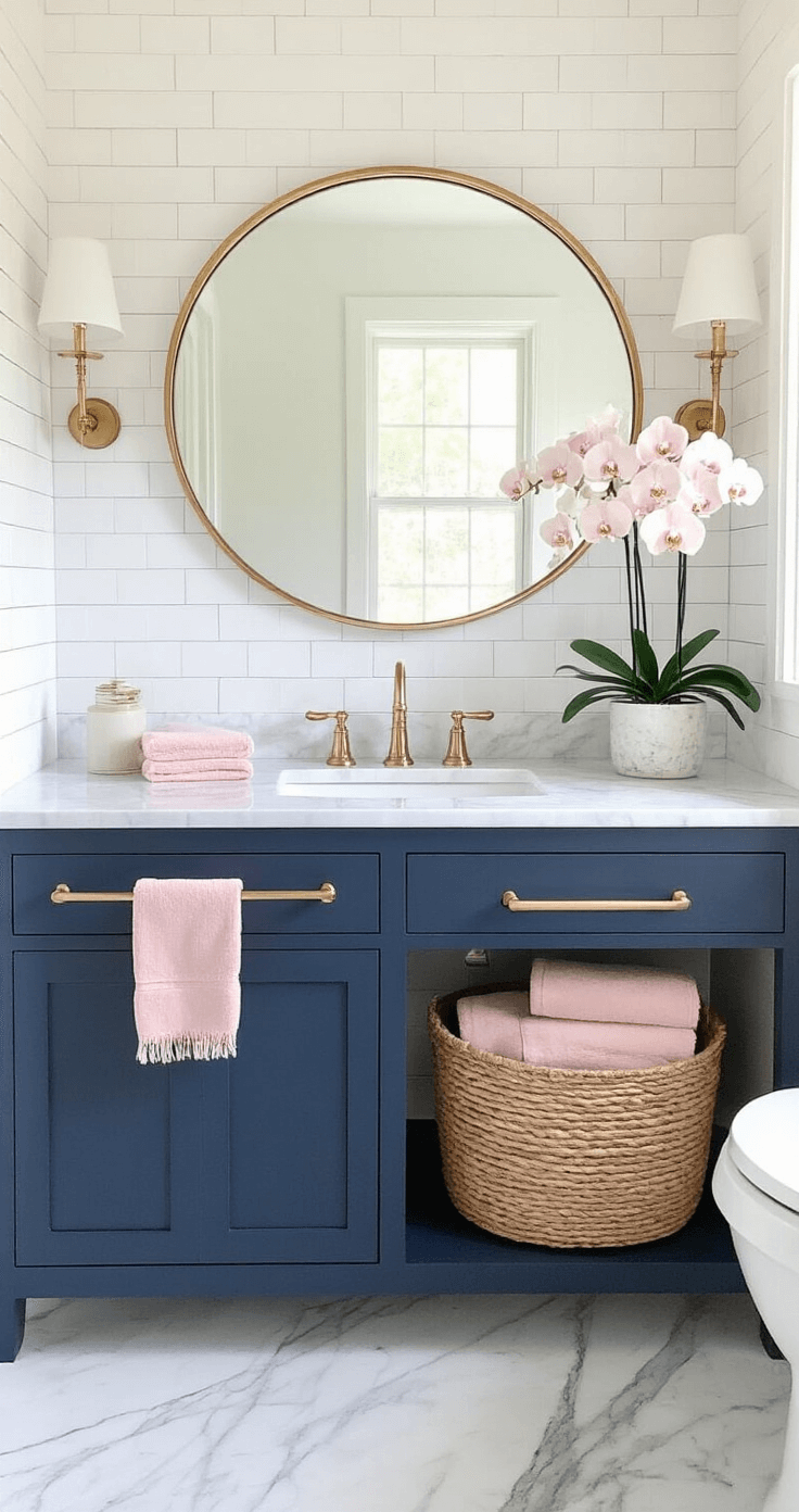 Transitional bathroom featuring white subway tiles, soft grey marble flooring, a navy blue vanity with brass fixtures, blush pink hand towels, a large round mirror with a thin brass frame, a potted orchid on a marble countertop, a driftwood-toned woven basket for towel storage, and soft diffused natural light from a frosted window.