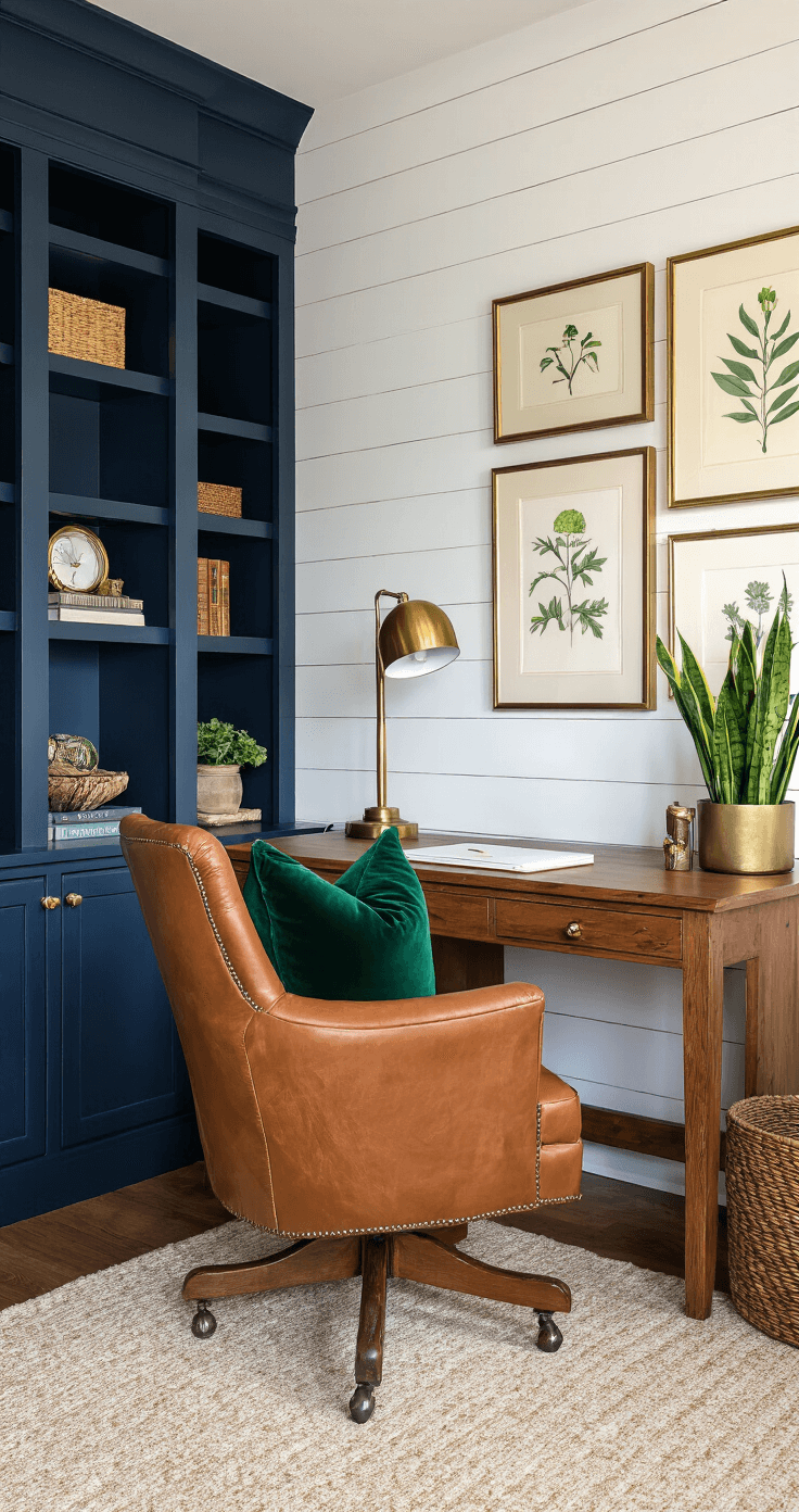 Cozy home office featuring white shiplap walls, deep navy built-in bookshelves, a caramel leather armchair, a warm oak desk, an emerald green velvet throw pillow, a gold desk lamp, vintage botanical prints in brass frames, a large potted snake plant, and warm golden hour lighting.