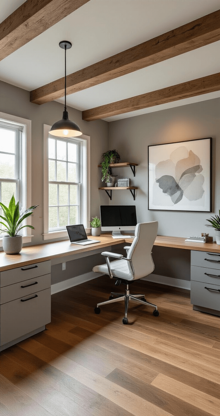 Ultra-high-resolution image of a modern basement home office featuring warm oak hardwood floors, gray walls adorned with abstract art, an L-shaped workstation with a white ergonomic chair, large casement windows for natural light, exposed wooden beams, integrated smart shelving, minimalist pendant lighting, and architectural plants, all captured from an elevated angle.
