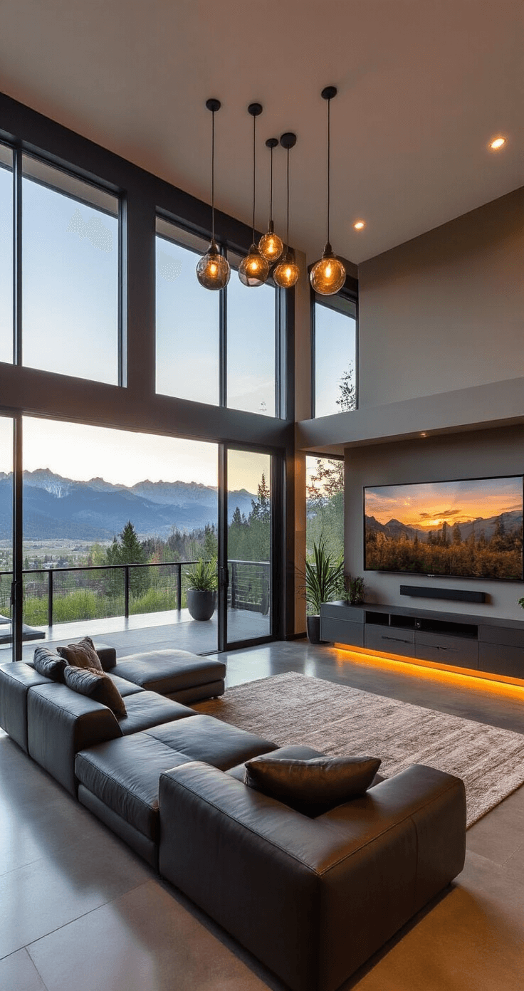 A stylish walkout basement entertainment space featuring floor-to-ceiling glass doors overlooking a mountain landscape, a contemporary deep charcoal leather sectional sofa, polished concrete floors, an advanced home theater system, a designer bar with backlit shelves, and ambient industrial-modern lighting, all bathed in warm golden hour sunlight.