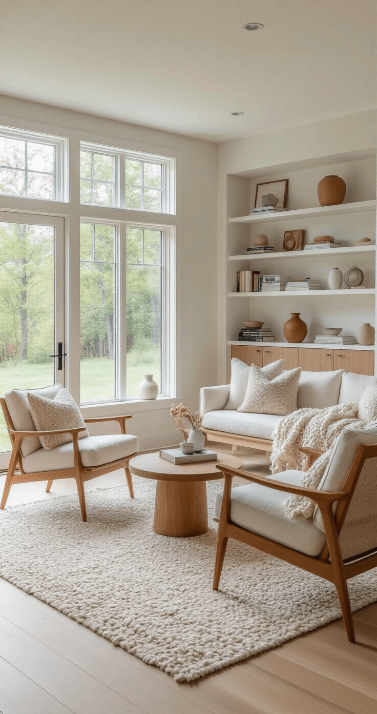 Bright daylight basement living area featuring Scandinavian-inspired furniture, mid-century accent chairs, and textured decor, illuminated by large egress windows, with plush rugs over light oak flooring and minimalist shelving displaying curated items.