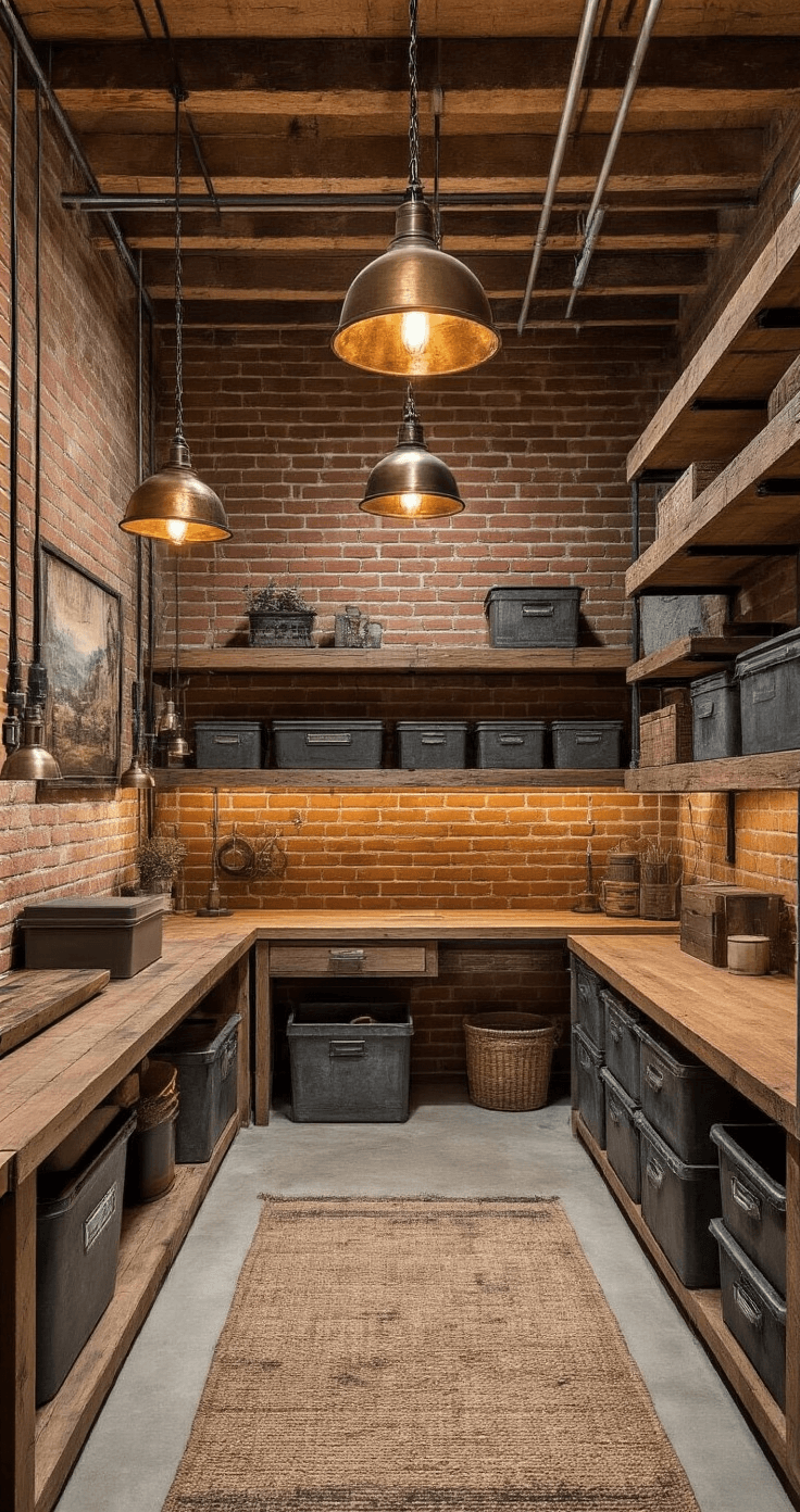 Rustic-industrial crawl space featuring exposed brick walls, reclaimed wood shelving, vintage metal storage containers, and warm amber lighting, emphasizing organized metal bins and a minimalist workbench, all captured in detailed macro photography.