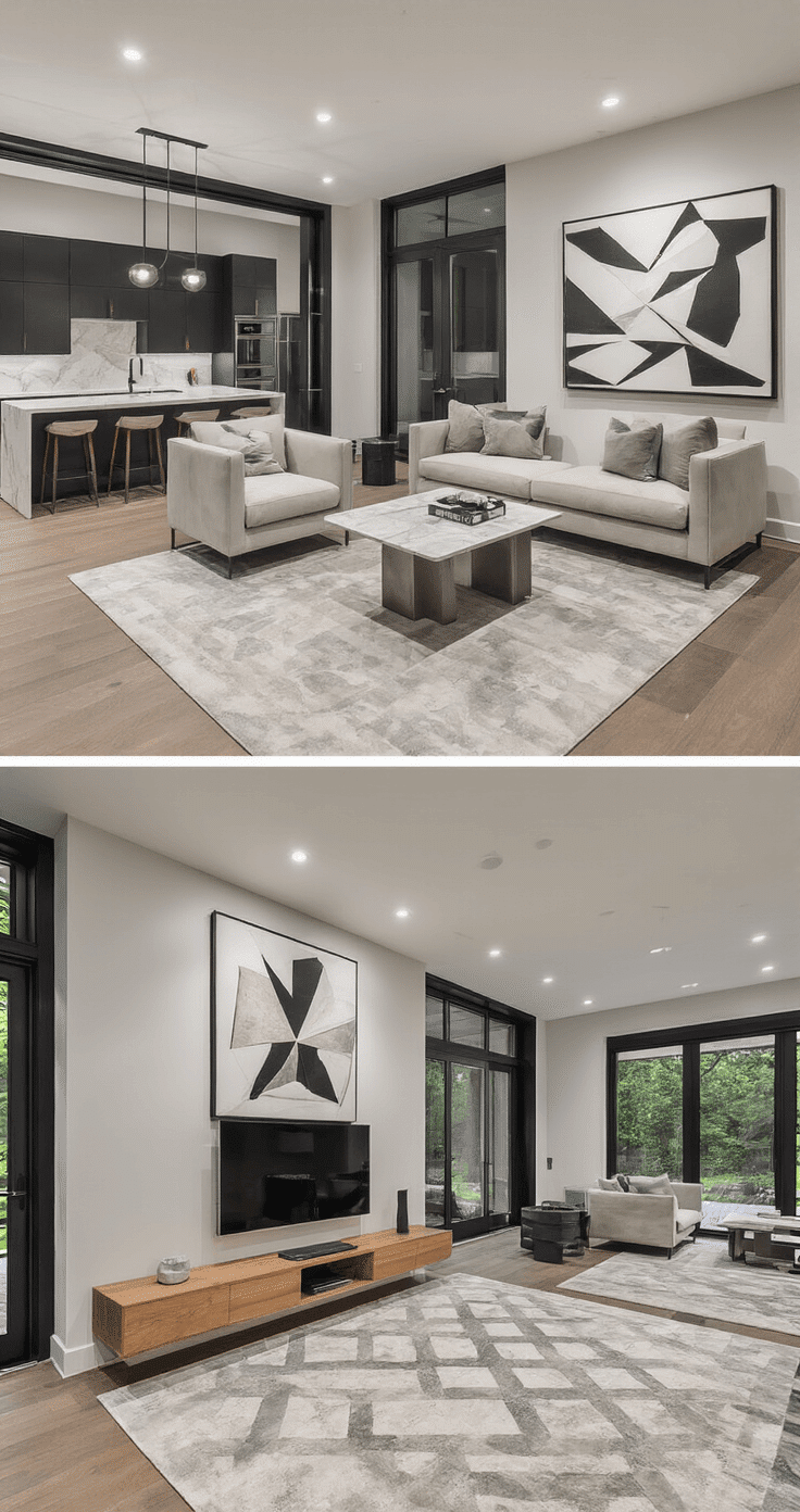 Luxurious walkup basement apartment featuring a contemporary open-concept design, floor-to-ceiling windows, sleek marble waterfall island kitchen with matte black appliances, floating wood media console, geometric patterned area rugs, modern art pieces, and architectural lighting in a neutral color palette with metallic accents.