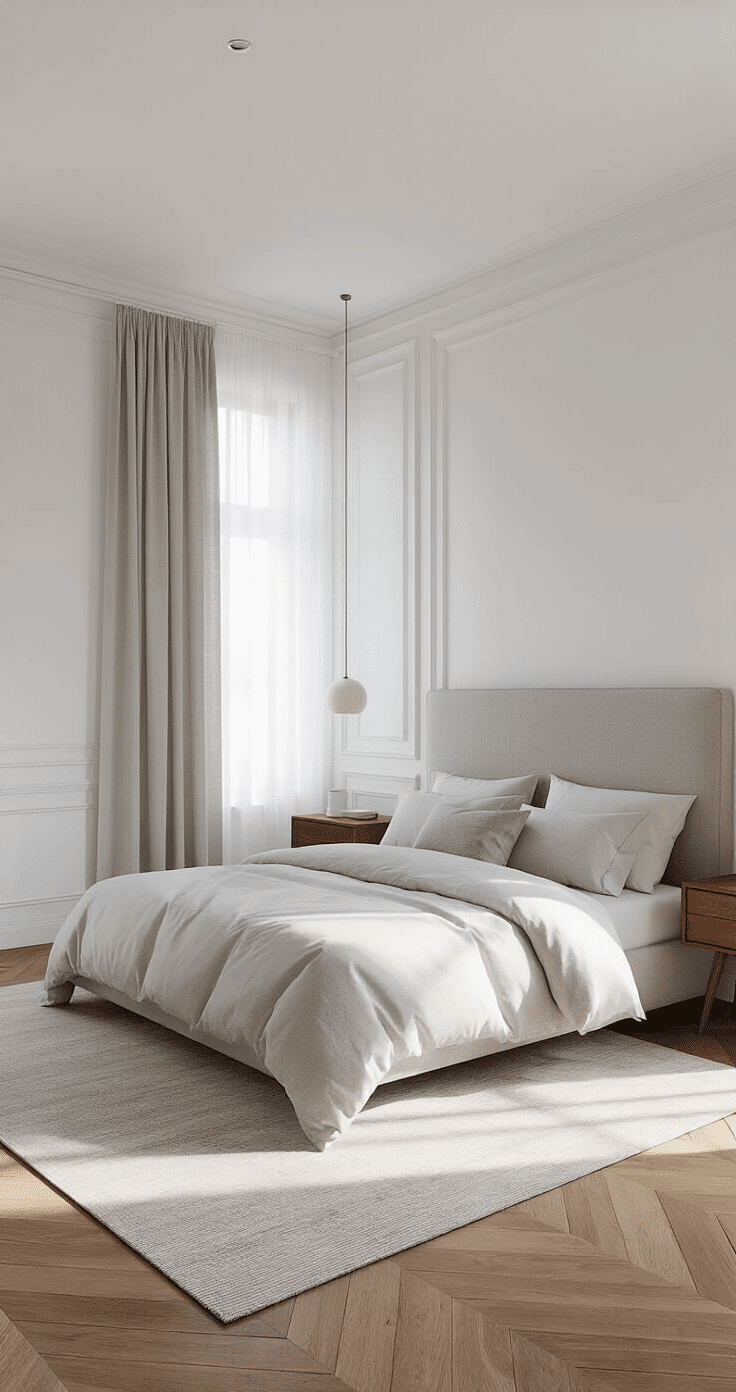Ultra-realistic view of a small modern bedroom featuring a queen-sized bed, crisp white walls, minimalist herringbone wooden floor, morning sunlight through sheer curtains, a walnut floating nightstand, a dove gray linen headboard, and carefully arranged decorative elements, all highlighting clean lines and spatial dynamics.