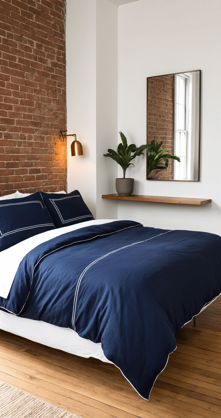 Compact urban bedroom with a full-sized bed in the corner, featuring an exposed brick wall, deep navy bedding with white piping, a floating shelf for a nightstand, a large mirror reflecting light, a potted plant, warm amber sconce lighting, and hardwood floors, all captured in a cinematic perspective highlighting triangular space utilization.