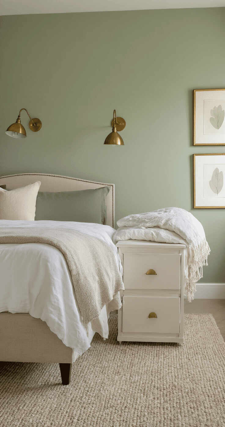 A cozy small bedroom featuring sage green walls, a bed with an upholstered oatmeal linen headboard flanked by vintage brass wall sconces, a narrow vertical dresser in soft white, minimal artwork, morning light creating gentle shadows, and a plush taupe area rug, all suggesting thoughtful design and spaciousness.