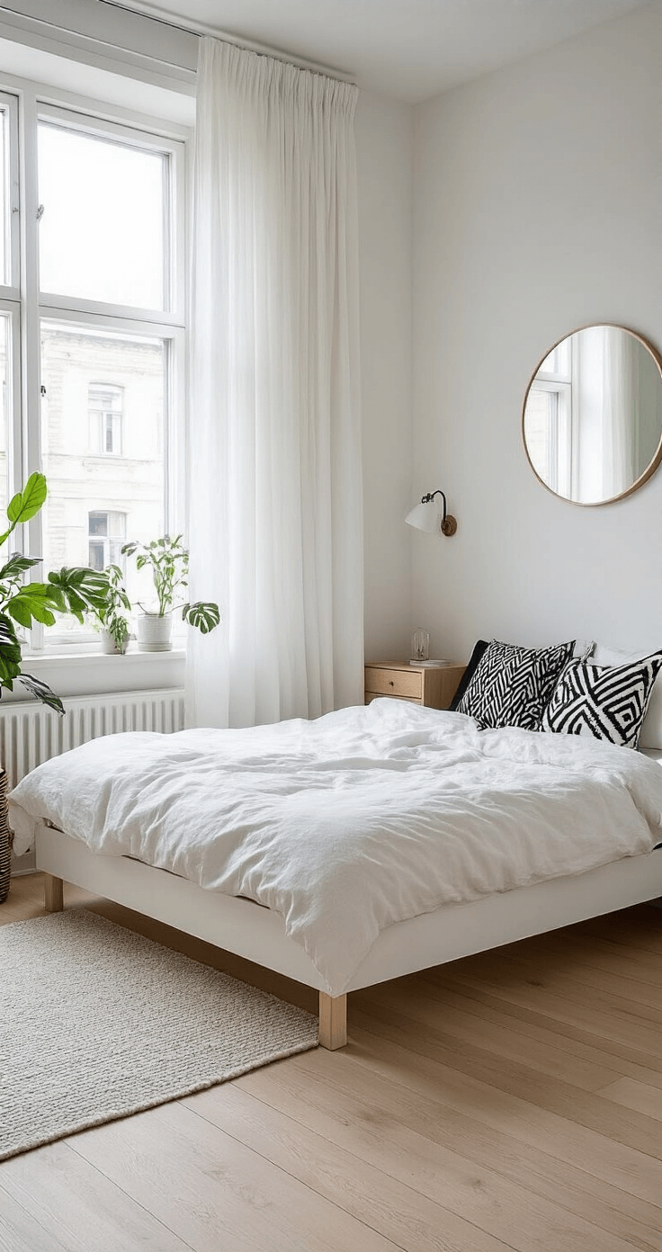 Scandinavian-inspired small bedroom featuring a minimal white bed under a centered window with floor-to-ceiling white curtains, light oak flooring, a wall-mounted pale birch nightstand, geometric black and white throw pillows, a small round mirror, architectural plants, and soft natural light, all in a clean, neutral palette.