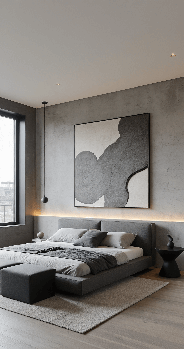 Modern minimalist bedroom featuring a charcoal gray platform bed positioned diagonally in a square room, with a concrete-textured accent wall and an oversized abstract art piece. A matte black sculptural nightstand complements the design, while hidden ambient lighting casts dramatic shadows. The large industrial-style window allows natural light to enhance the carefully curated decorative objects throughout the space, captured in a wide-angle view.