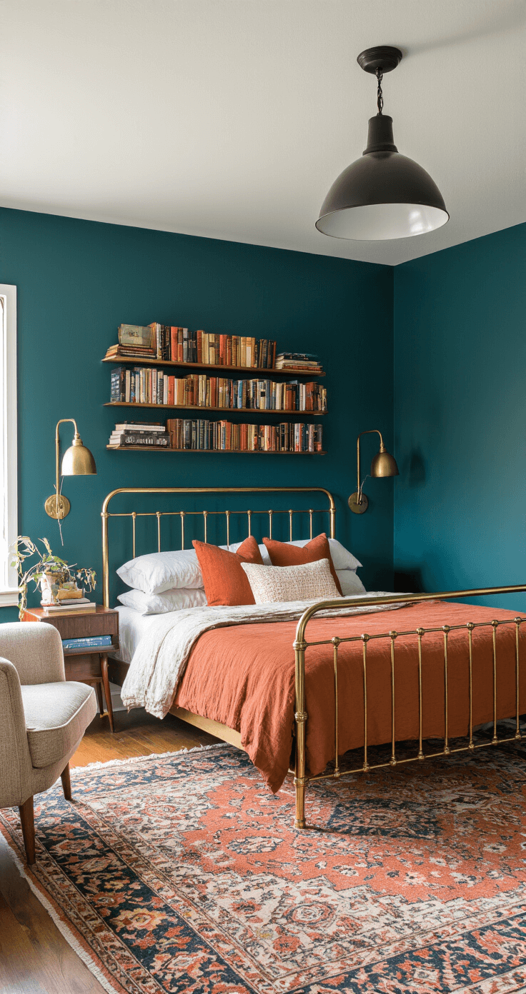 An eclectic small bedroom featuring a vintage brass bed frame against deep teal walls, layered rust and cream bedding, floating shelves with books, a mid-century modern chair, a large floor lamp, and a vintage Persian rug, all bathed in soft morning light.
