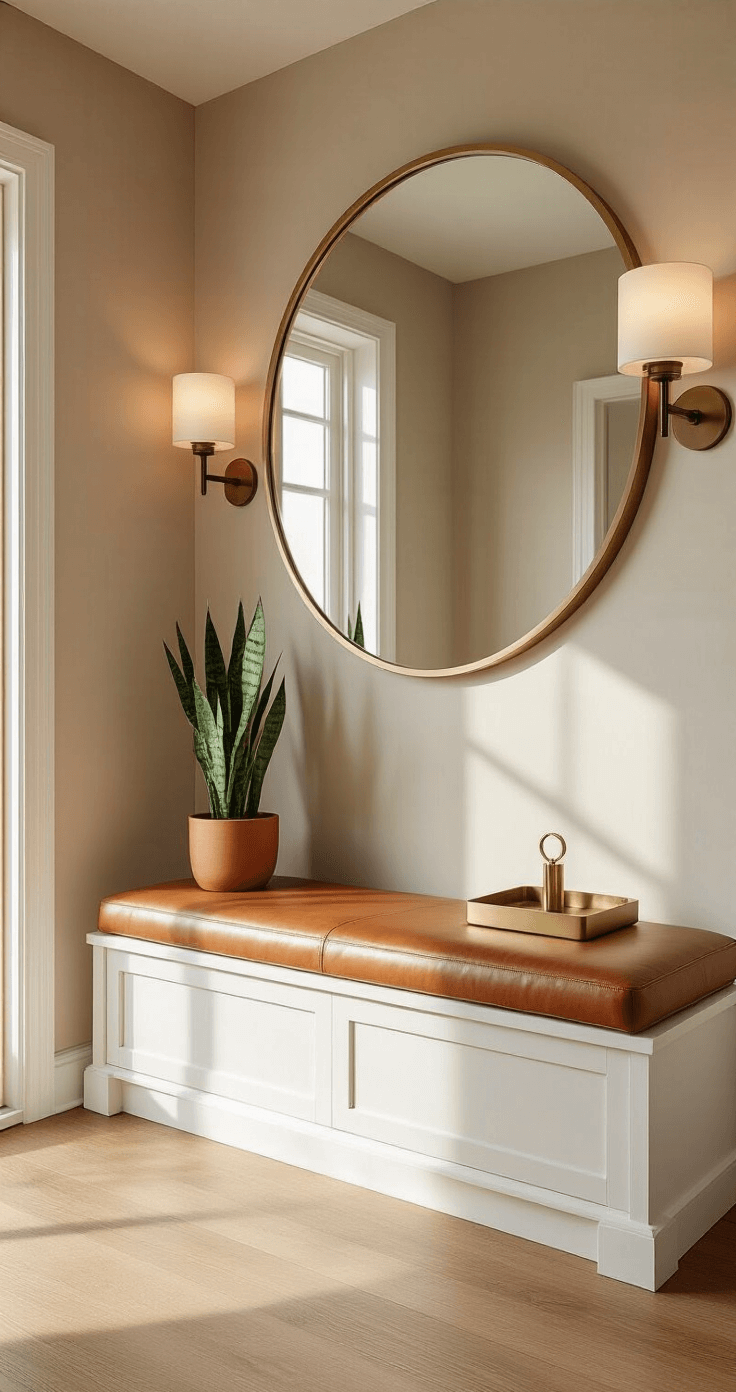 Ultra-realistic mid-century modern foyer featuring warm oak wood floors, greige walls, a narrow white storage bench with a caramel leather cushion, a large round brass-framed mirror, and matte black wall sconces, with morning light filtering through a frosted sidelight window and a single potted snake plant in a terracotta pot.