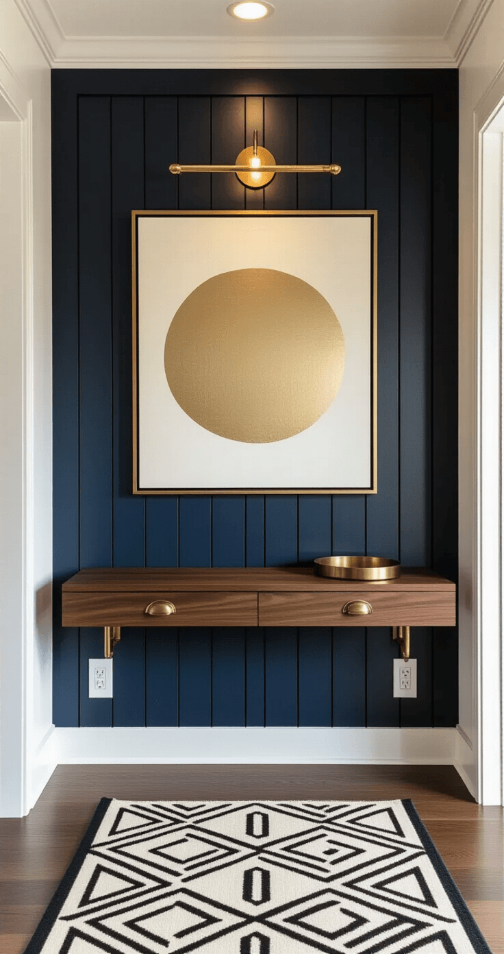 Compact urban entryway featuring deep navy blue board and batten walls, white trim, and a slim walnut console, adorned with oversized abstract art in muted gold and cream. A vintage brass hook rail with antique bronze hooks complements a brass catch-all tray on the console. A vintage round mirror with antiqued edges reflects warm ambient light from LED strip lighting, casting dramatic shadows on a modern geometric black and cream runner rug.