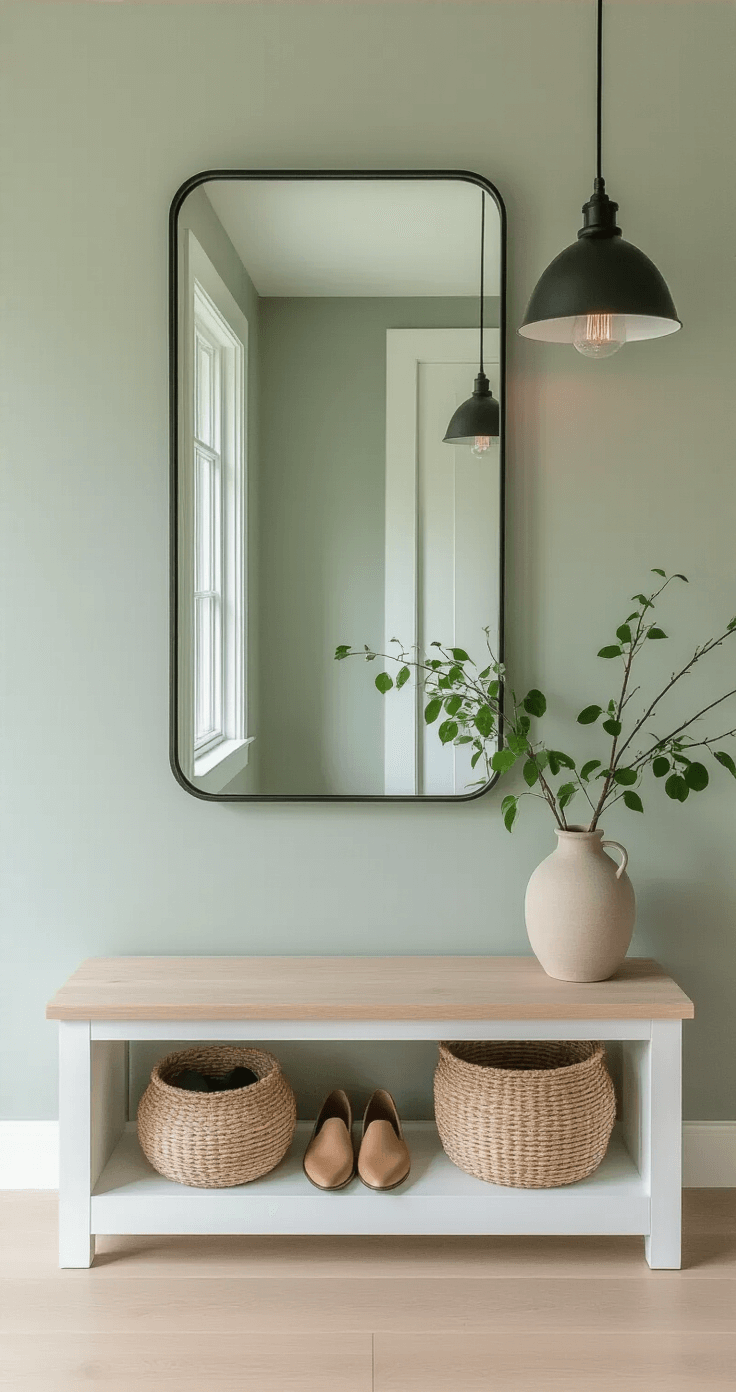 A Scandinavian-inspired small foyer featuring pale sage green walls and wide plank white oak floors, with a minimalist white storage bench, a large frameless mirror, and a dramatic matte black pendant light. A woven basket holds a trailing pothos plant next to a simple ceramic vase with branches, all illuminated by soft morning light.