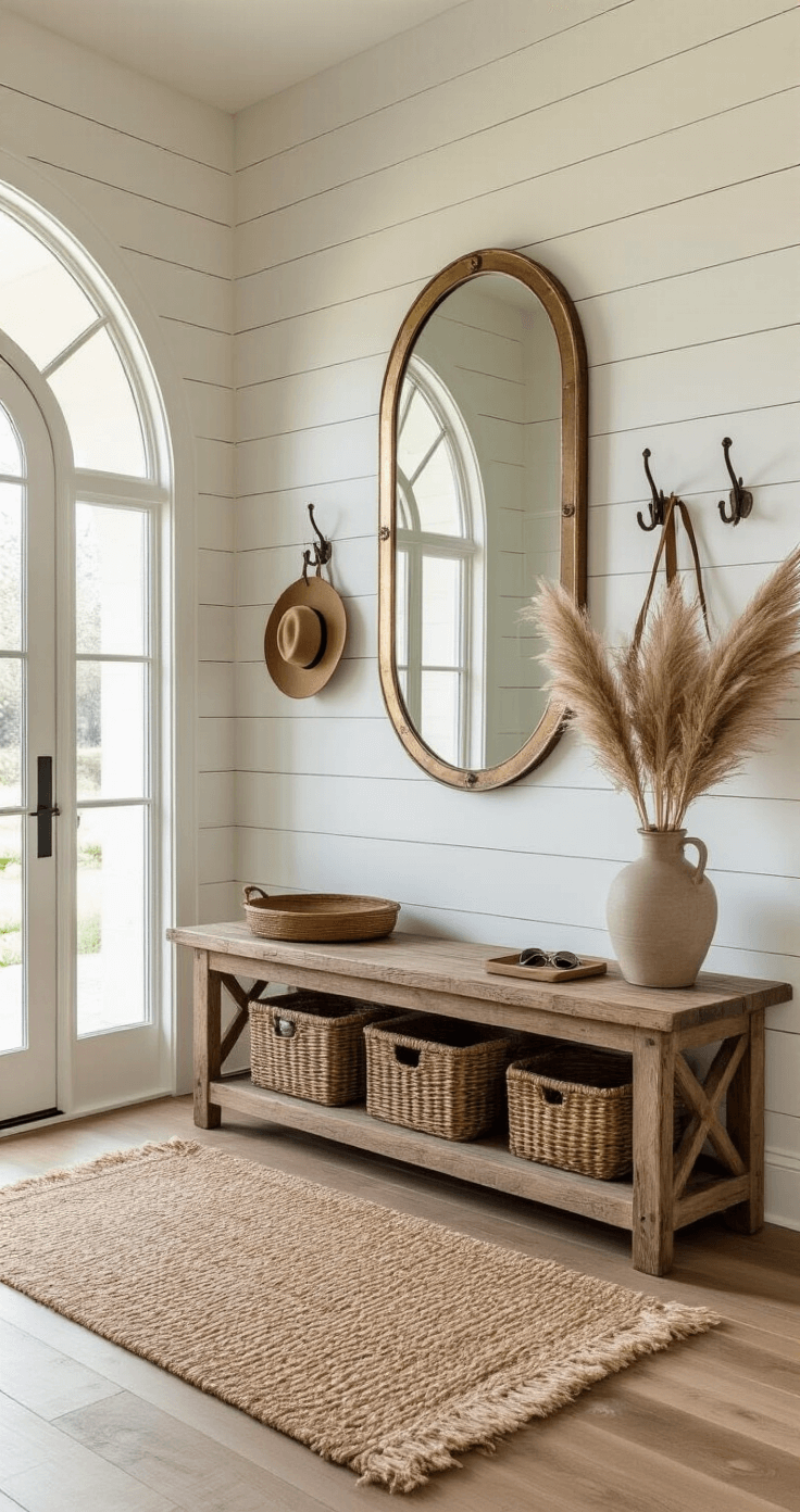 Transitional farmhouse entryway featuring warm white shiplap walls, a rustic reclaimed wood bench with hidden storage, a large vintage-inspired arched mirror in aged brass, wrought iron wall hooks with leather straps, and a vintage leather tray. The scene includes a woven jute runner rug and a single stem of dried pampas grass in a ceramic vase, illuminated by soft natural light creating depth and shadows. Captured from an elevated perspective highlighting architectural details.