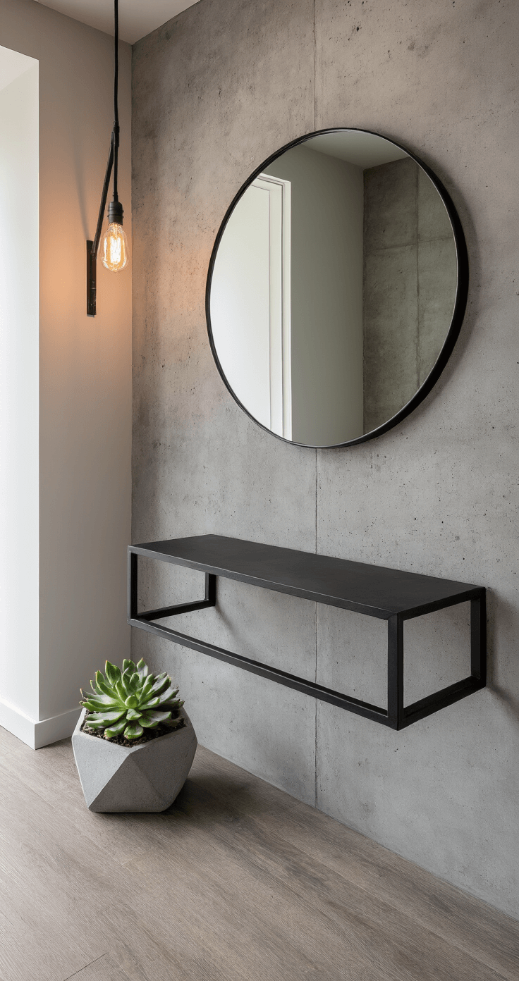 Modern industrial foyer featuring a concrete wall, matte black metal console, large round mirror, asymmetrical raw steel coat rack, concrete floor, statement floor lamp, and minimal decor with a succulent in a geometric planter, captured from a low angle.