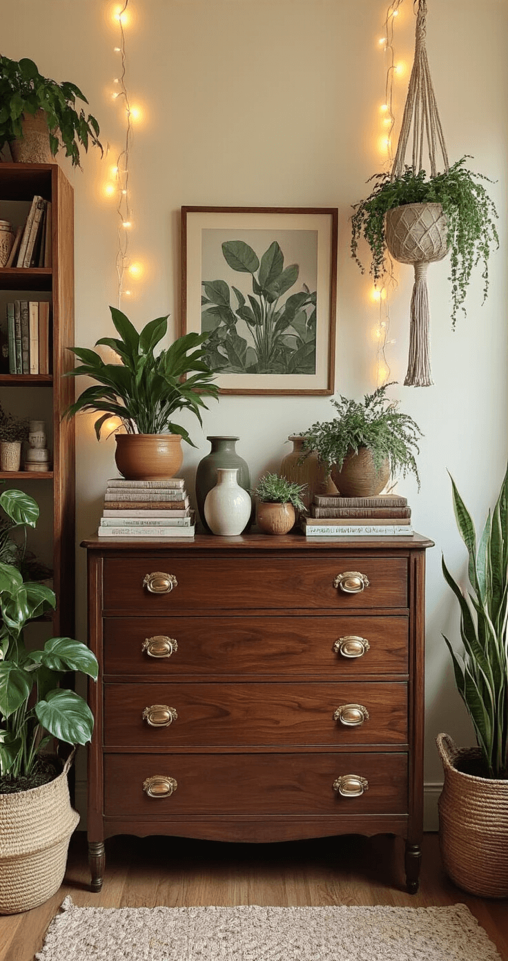 A bohemian corner of a thrift store featuring a refinished dark walnut dresser with brass pulls, surrounded by a mix of plants, vintage items, stacked books, ceramic vases, and a macramé plant hanger, all illuminated by soft string lights against warm cream walls, highlighting various textures and curated styling.