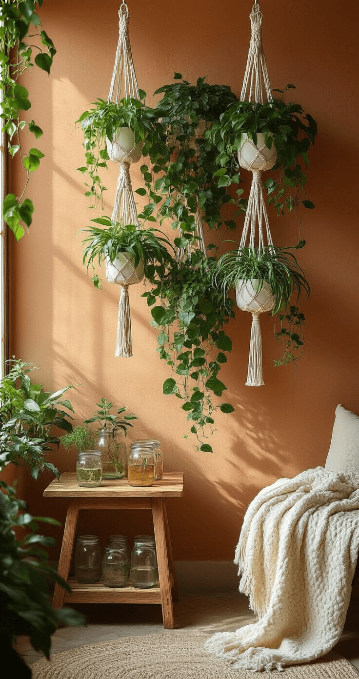 Intimate bohemian plant corner with a dramatic vertical garden and macramé hangers, featuring cascading pothos and spider plant cuttings, illuminated by soft morning light against a terracotta wall, with a vintage wooden side table holding a propagation station and a textured cream throw nearby.
