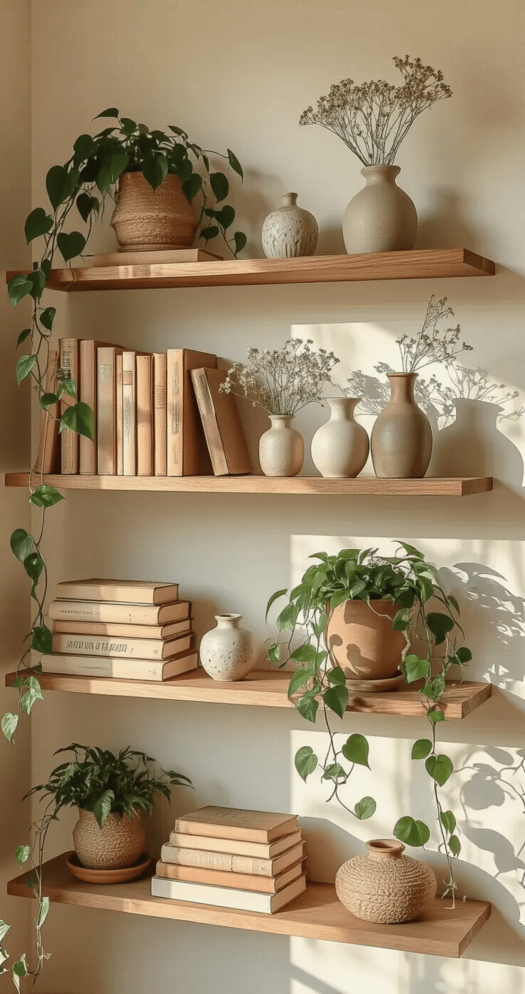 Boho-style open shelving featuring books stacked horizontally and vertically, small ceramic vases with dried flowers, vintage candle holders, and trailing pothos plants, against warm wooden shelves on a cream wall, illuminated by soft natural lighting.