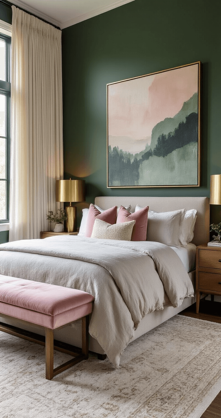 A moody and sophisticated bedroom with deep forest green walls, featuring a blush pink velvet bench at the foot of the bed, soft gray linen bedding, and warm ambient lighting from a brass table lamp. The room includes a large contemporary artwork, natural wood side tables, and sheer cream curtains that diffuse light, all shot from a low angle to highlight the architectural elements and create a cinematic atmosphere.