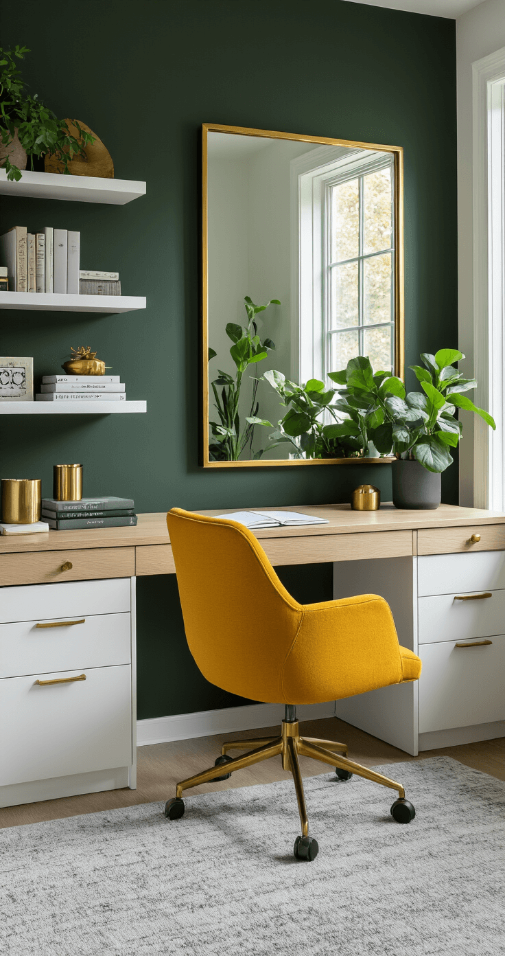 Elegant home office featuring a dark green accent wall, mustard yellow ergonomic chair, light oak minimalist desk, white built-in shelving, and a large brass-framed mirror. A potted sage green plant adds a natural touch, complemented by a soft gray area rug. Morning light streams in from a large window, illuminating contemporary design books and brass desk accessories, creating a balanced and inviting atmosphere.