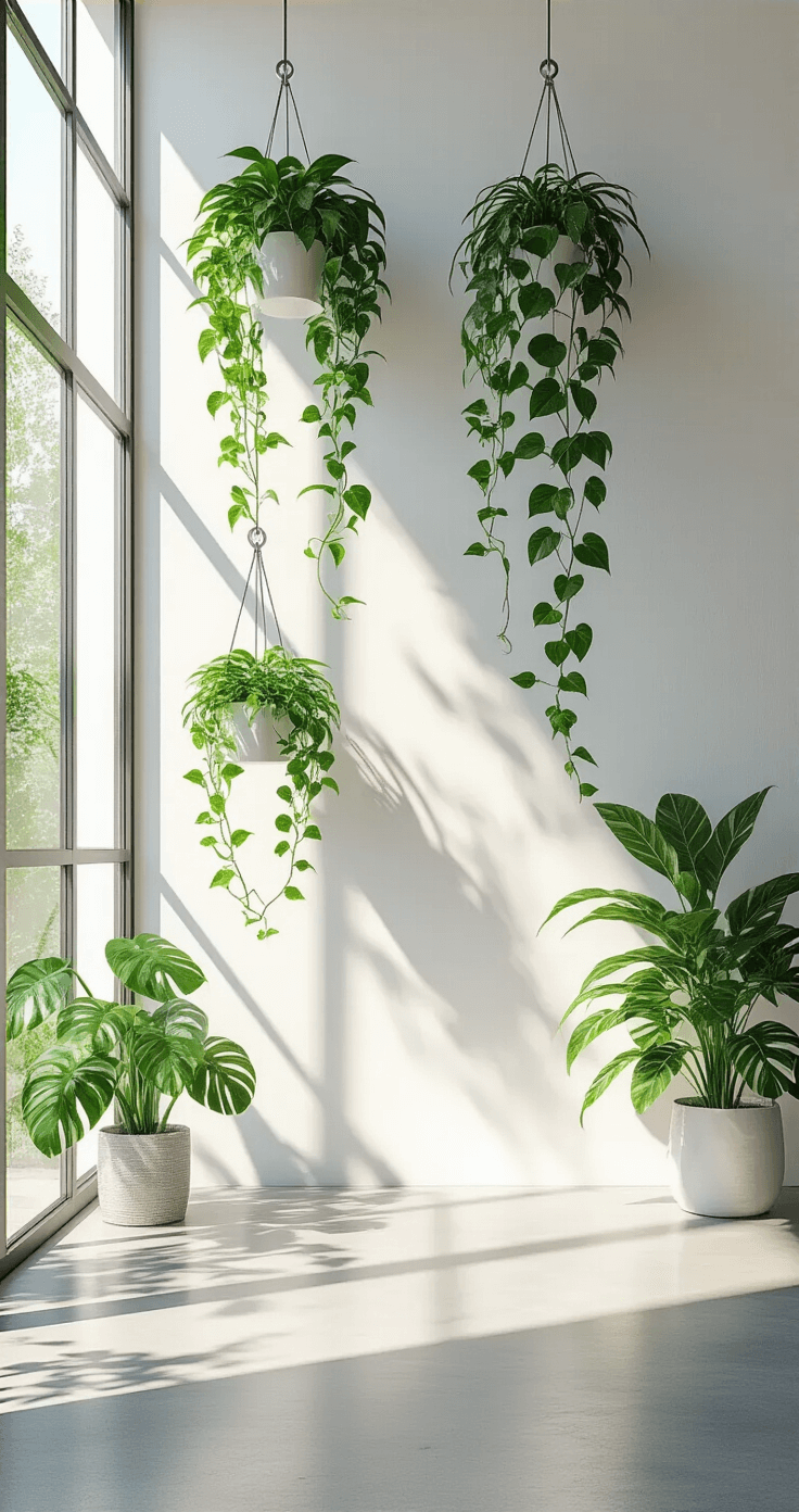 A modern minimalist living room with high ceilings, featuring a sleek white wall with brushed nickel screw hooks supporting trailing pothos and spider plants. Soft natural light shines through floor-to-ceiling windows onto polished concrete floors, creating gentle shadows. The camera captures the scene from eye level at a 45-degree angle, highlighting the vertical plant display against the white backdrop.