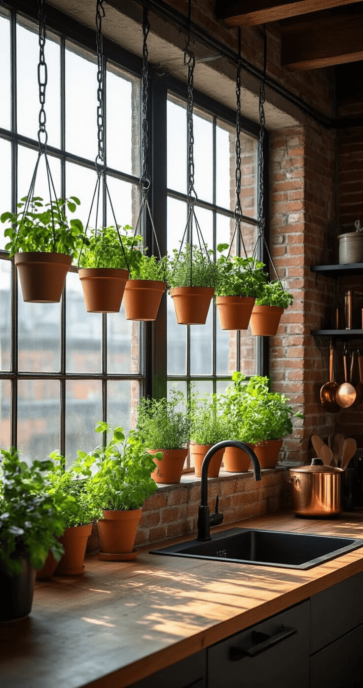 An industrial-style loft kitchen featuring exposed brick walls and metal beams, with vibrant herb gardens in terracotta pots suspended from magnetic plant hooks, illuminated by soft morning light through large windows, highlighting copper utensils and matte black toggle bolt hooks.