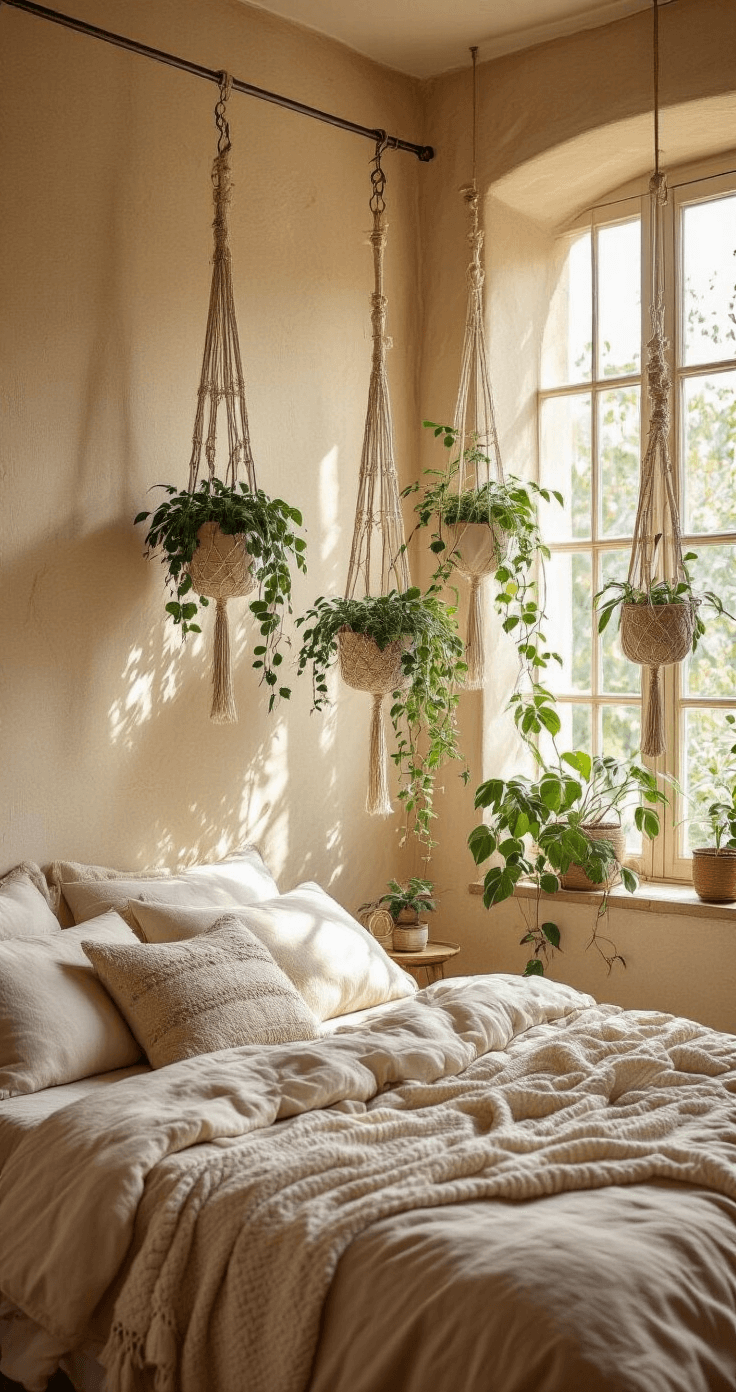 A cozy bohemian bedroom with warm sandstone plaster walls, a bay window adorned with a tension rod, and multiple macramé plant hangers holding trailing plants, all bathed in soft morning light that highlights the textures and depth of the space.