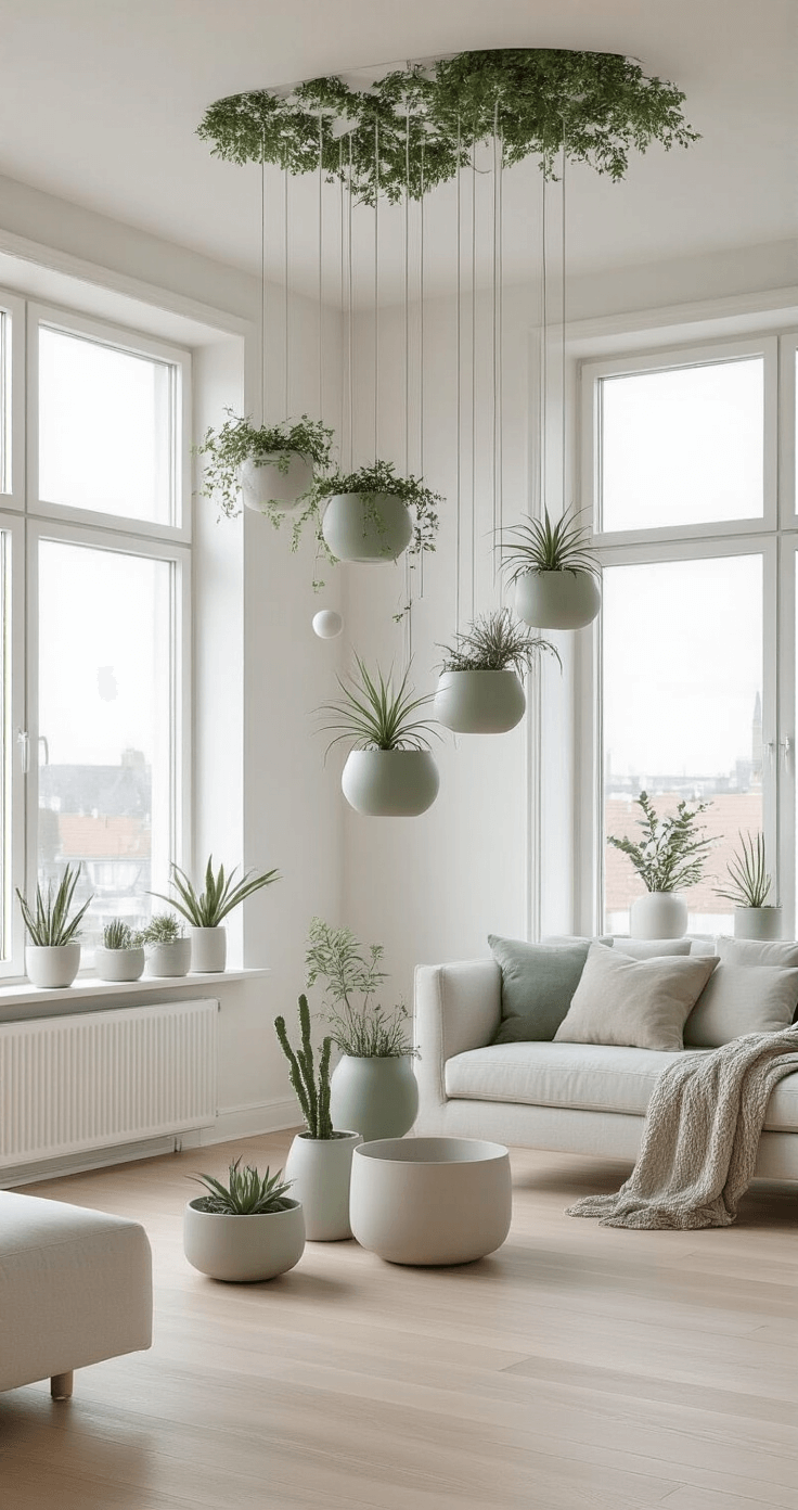 A contemporary Scandinavian living room with pale ash wood floors and minimalist white walls, featuring a sophisticated ceiling plant installation of ceramic planters in soft sage and dove gray tones, complemented by slender air plants and compact succulents, illuminated by large floor-to-ceiling windows.