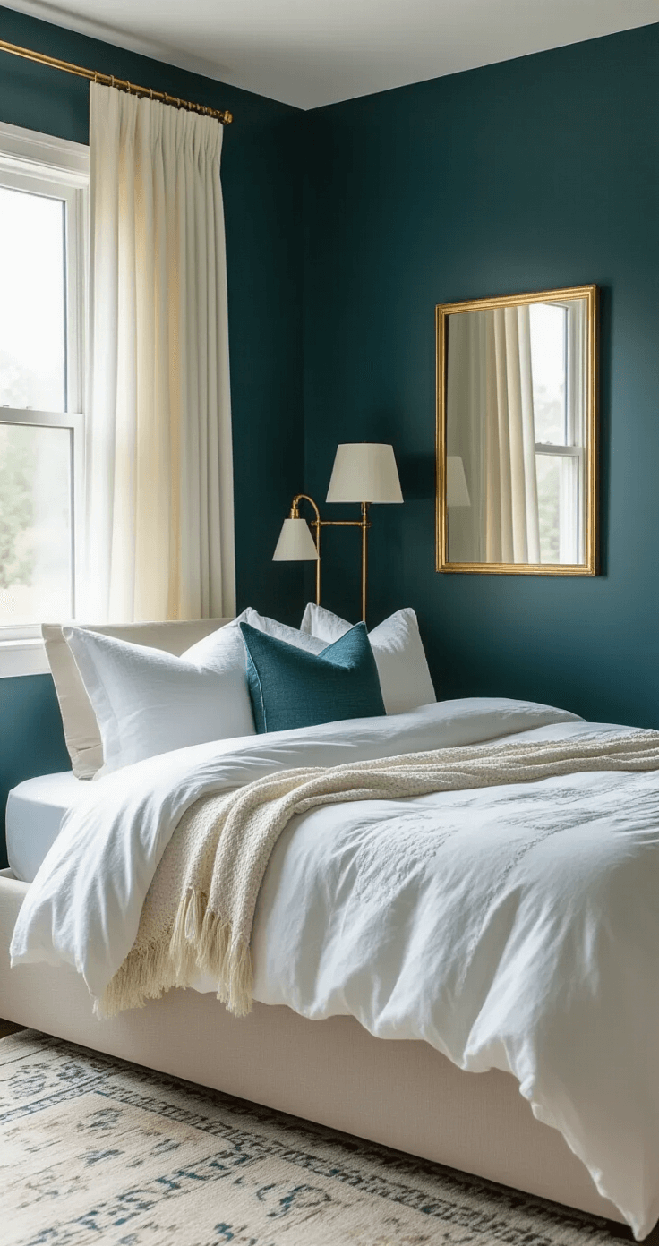 A serene master bedroom featuring deep teal walls, a minimalist platform bed with crisp white linen bedding, gold-framed mirror and lamps, and soft morning light filtering through sheer cream curtains.
