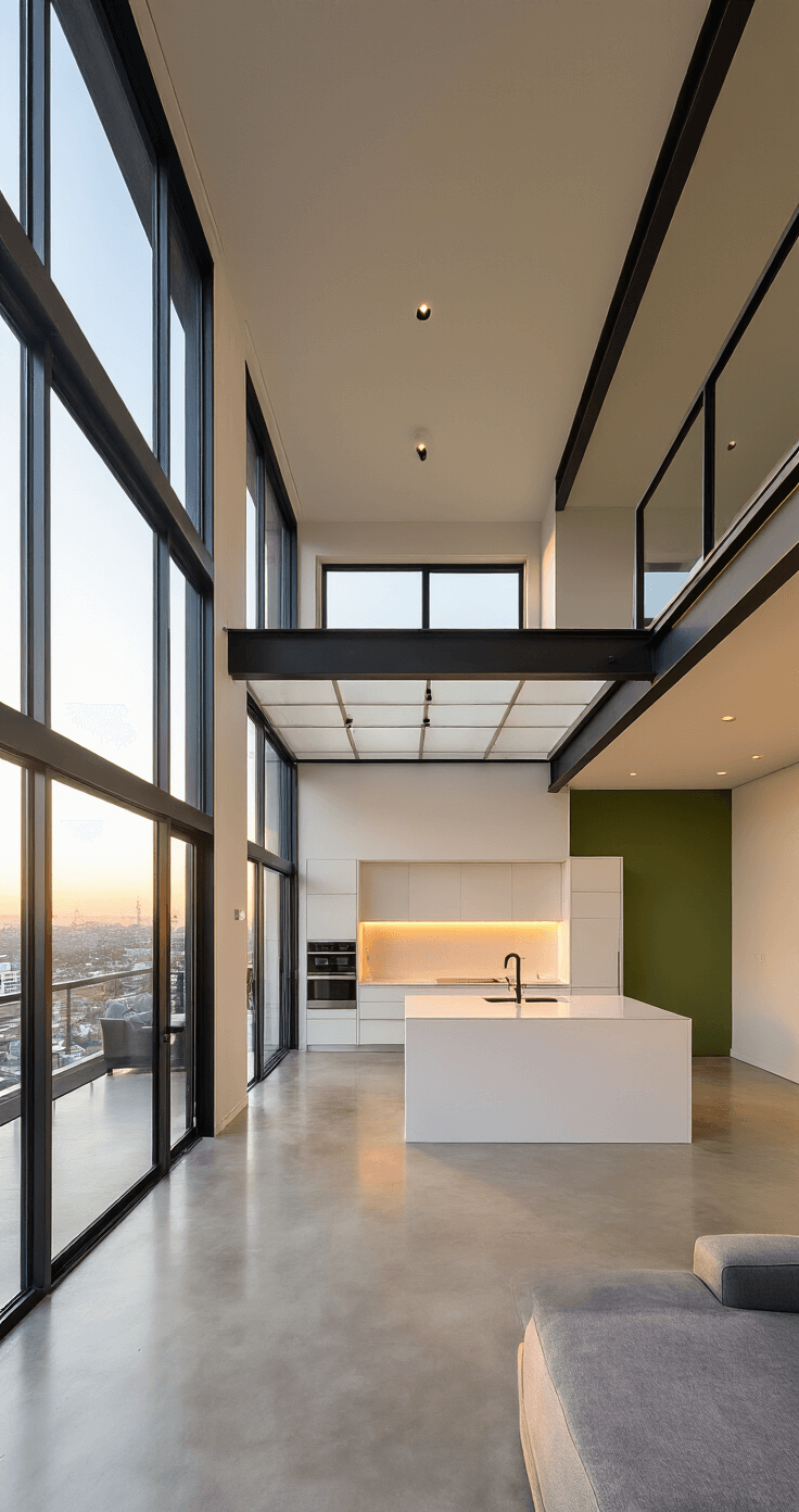 Ultra-modern duplex interior showcasing a split-level open concept living space at golden hour, featuring large floor-to-ceiling windows, polished concrete floors, a sleek white kitchen with a quartz waterfall island, and a sunken living area with a modular gray sectional. The design includes exposed steel beams, hidden LED lighting, and matte black fixtures, with a neutral color palette accented by a forest green wall.