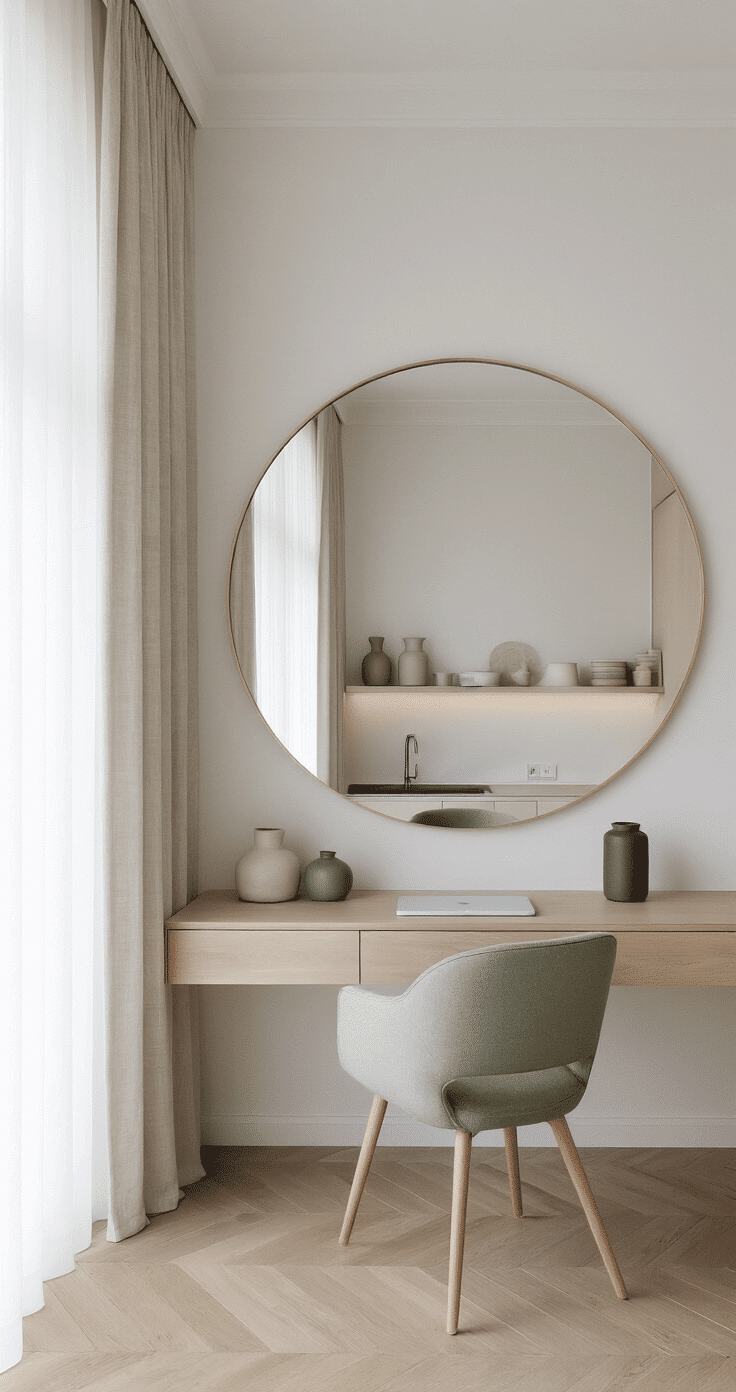 Bright contemporary top-floor interior of an urban multi-family unit, featuring Scandinavian design elements, pale oak herringbone flooring, white walls, a large circular mirror, a modern workspace with a floating desk and a mid-century modern sage green chair, a minimalist kitchen with integrated appliances and ceramic vessels, all illuminated by soft natural light through sheer linen curtains.