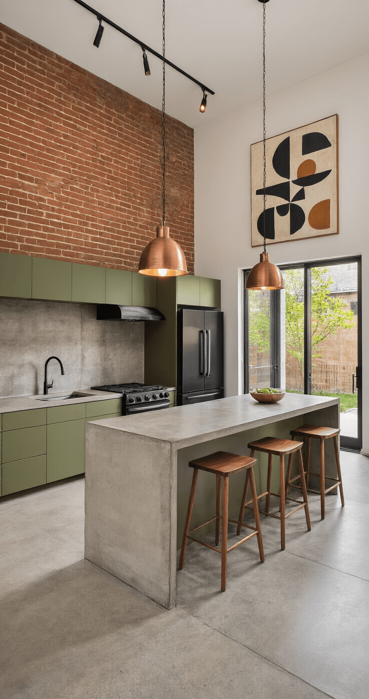 Ground-level multi-family townhouse interior featuring a warm terracotta exposed brick wall, polished concrete floors, and an open kitchen with matte black appliances and olive green cabinets. A concrete waterfall island with walnut bar stools complements the space, which has large sliding glass doors leading to a minimal landscaped private courtyard. Brushed copper pendant lights and an oversized abstract art piece enhance the inviting atmosphere created by soft ambient lighting.