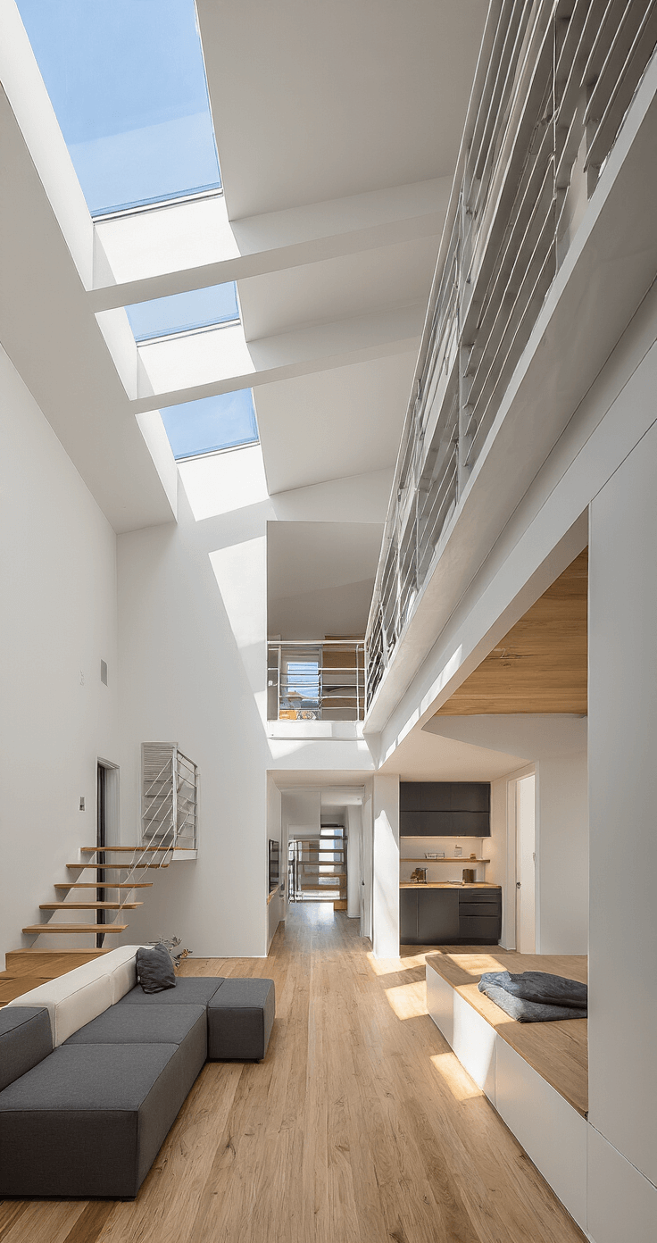 Contemporary multi-family interior featuring a double-height living area with a floating steel staircase, minimalist color scheme, large skylight, and an upper-level bedroom with integrated workspace and floor-to-ceiling wardrobes.