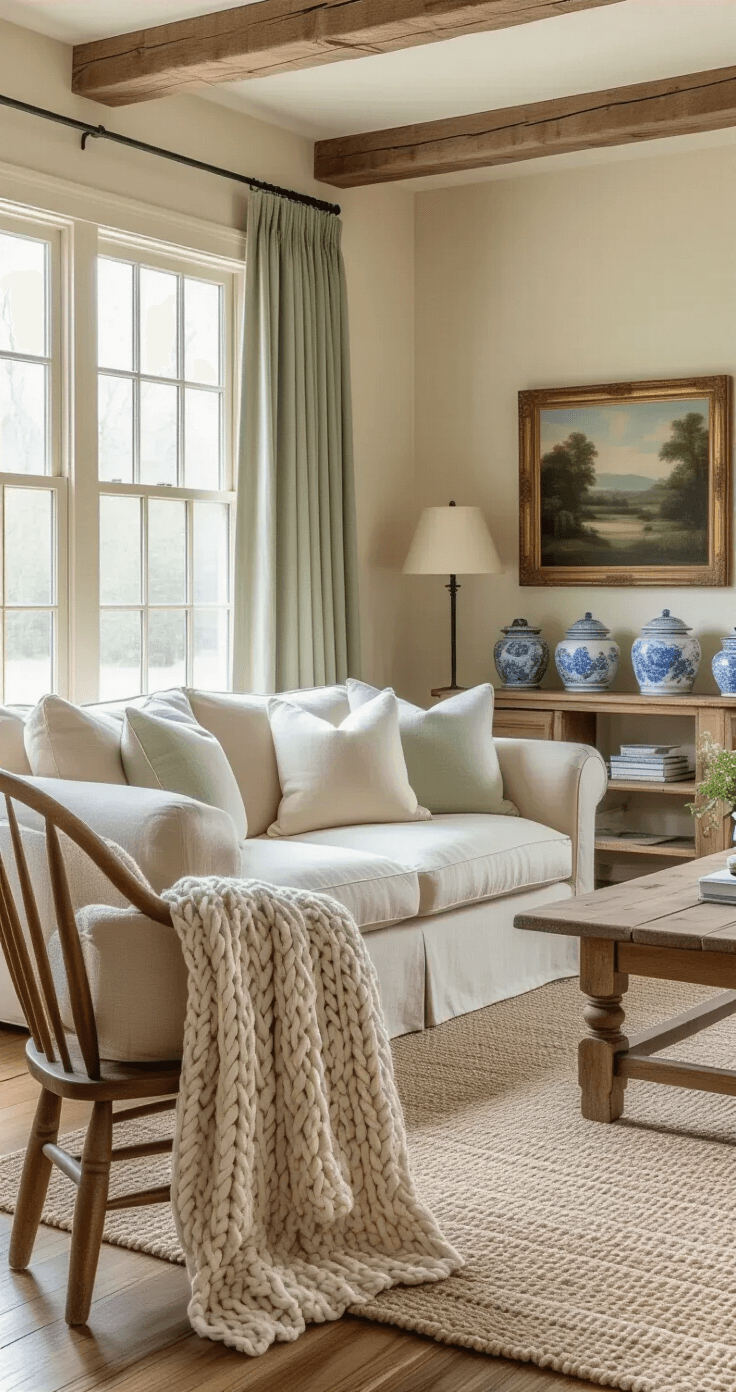 A sunlit rustic cottage living room with cream walls, an oatmeal linen slipcover sofa, vintage wooden chairs, and soft sage green curtains, featuring reclaimed wood shelves with blue and white transferware, large windows pouring in morning light, a chunky cable knit throw, and a vintage landscape painting.