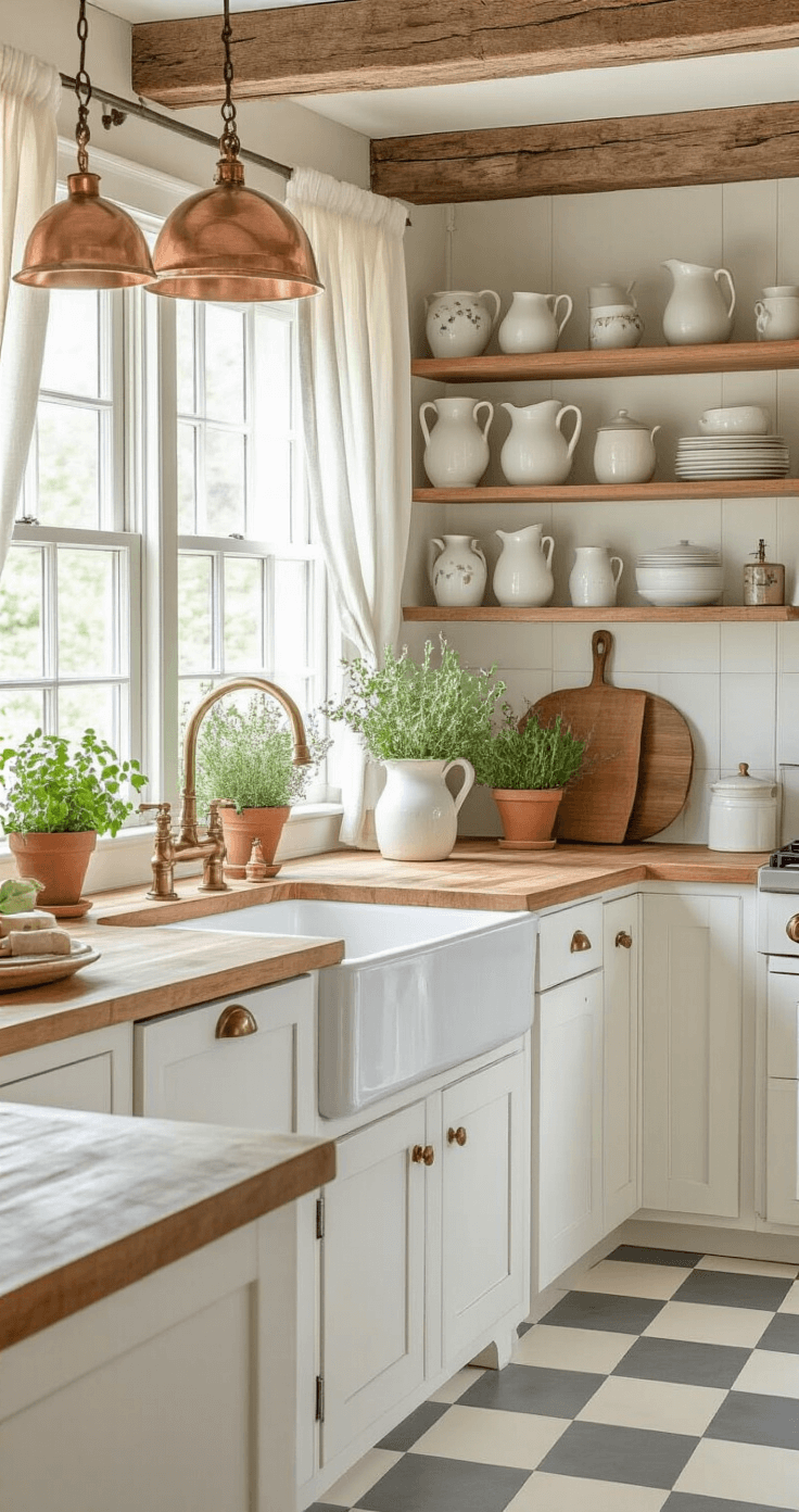 Cozy cottage kitchen featuring white shaker cabinets, open shelving with vintage ceramic pitchers, butcher block countertops, and a farmhouse sink, illuminated by morning light through sheer curtains, with a checkerboard floor and decorative elements like a copper pot rack and terracotta herb pots.