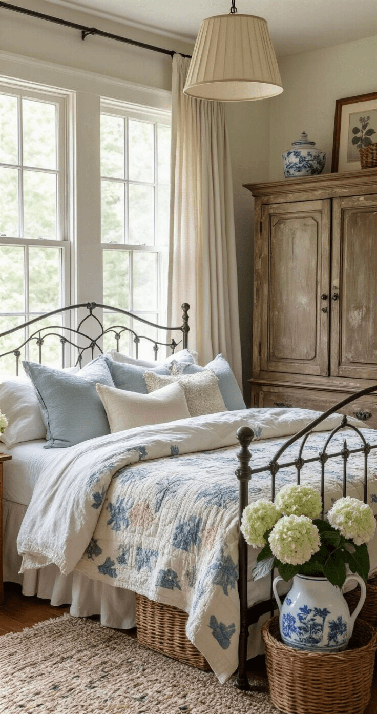 Intimate cottage bedroom with a wrought iron bed frame dressed in a vintage quilt, a rumpled linen duvet, and assorted pillows, featuring a vintage armoire, woven baskets, and botanical prints. Soft morning light filters through a large window with light linen curtains, illuminating fresh hydrangeas in a blue and white pitcher, capturing layered textures and personal touches.
