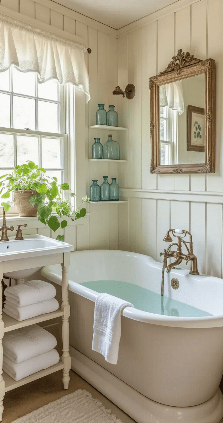 A rustic cottage bathroom featuring a clawfoot tub, soft cream tongue-and-groove wall paneling, a pedestal sink with aged brass fixtures, a vintage mirror, open shelving with white towels, blue glass bottles on the windowsill, a botanical print, a pothos plant, and natural light streaming through a window with a sheer curtain.