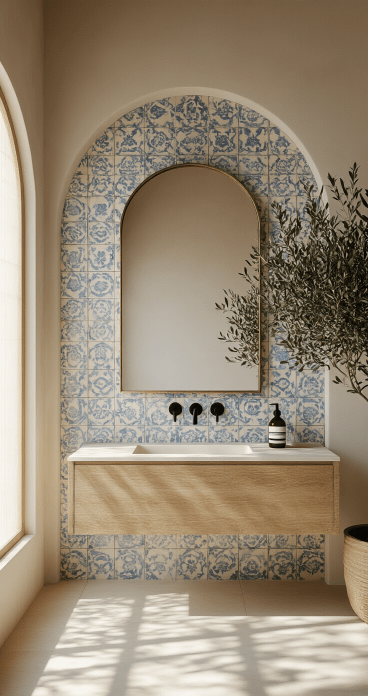 Minimalist bathroom featuring handmade Zellige tiles in cream and soft blue patterns, large arched mirror with unlacquered brass frame, floating raw oak vanity, matte black fixtures, and a potted olive tree, illuminated by natural light from a frosted window.