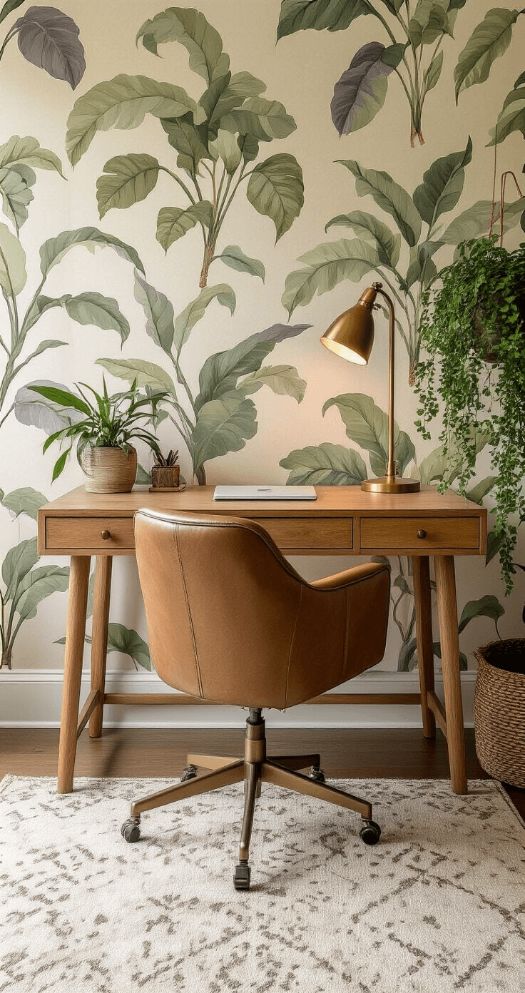 Eclectic home office with botanical wallpaper in oversized green and lavender leaf patterns, featuring a custom wooden desk, vintage leather chair, smart lighting, large indoor planter with trailing plants, brass desk accessories, and a wool area rug, bathed in soft afternoon light.