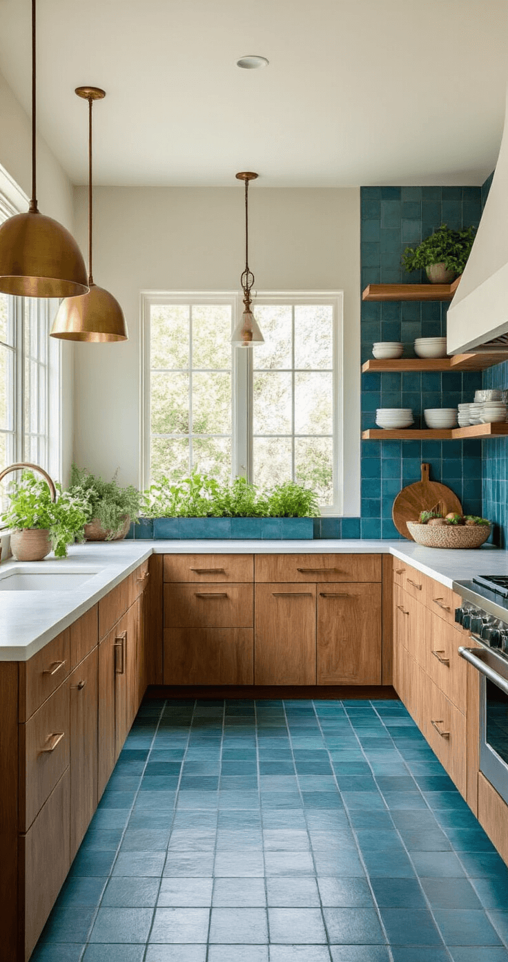 A modern kitchen featuring cobalt blue and green terra-cotta tile flooring and a partial backsplash, complemented by natural wood cabinetry with curved edges, matte white quartz countertops, and sculptural unlacquered brass pendant lights. A large window floods the space with natural light, highlighting an indoor herb garden on the windowsill, with an emphasis on texture and natural materials.