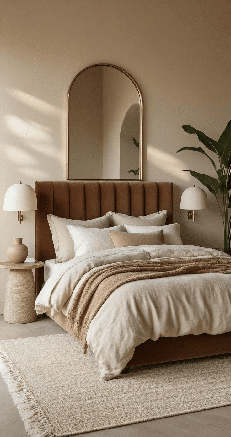 Cozy bedroom with a warm monochromatic palette of soft browns and creamy whites, featuring a rich cocoa velvet headboard, layered linen bedding, a large arched brass-framed mirror, matte ceramic table lamps, an oversized indoor plant in the corner, and textured taupe walls, all illuminated by diffused natural light.