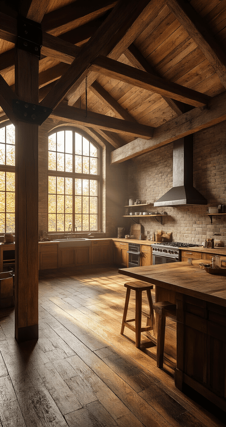 Ultra-detailed photorealistic interior of a sunken kitchen with exposed wooden trusses, warm natural light from high windows, and rich timber textures, showcasing an industrial-traditional fusion with raw metal connections, warm amber and deep chestnut colors, captured from a low angle highlighting structural elements and soft shadows.